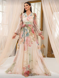 Women'S Cross V-Neck Trendy Lantern Sleeve Floral Print Elegant Dress with Waist Cinched Flared Long A-Line Skirt - Multicolor