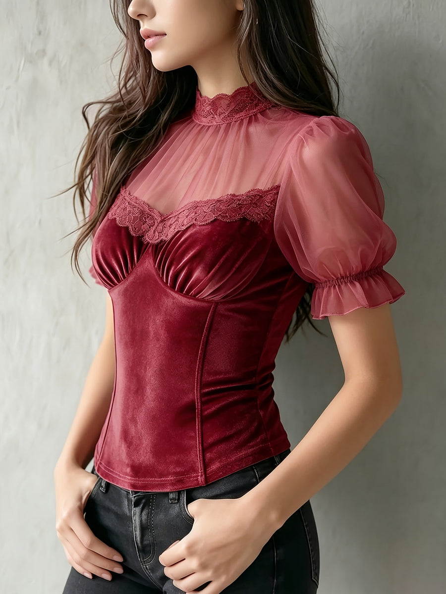 Development Bk260306052]Chic Velvet Sheer Sleeve Corset Top with Lace Trim Elegant Special - Burgundy