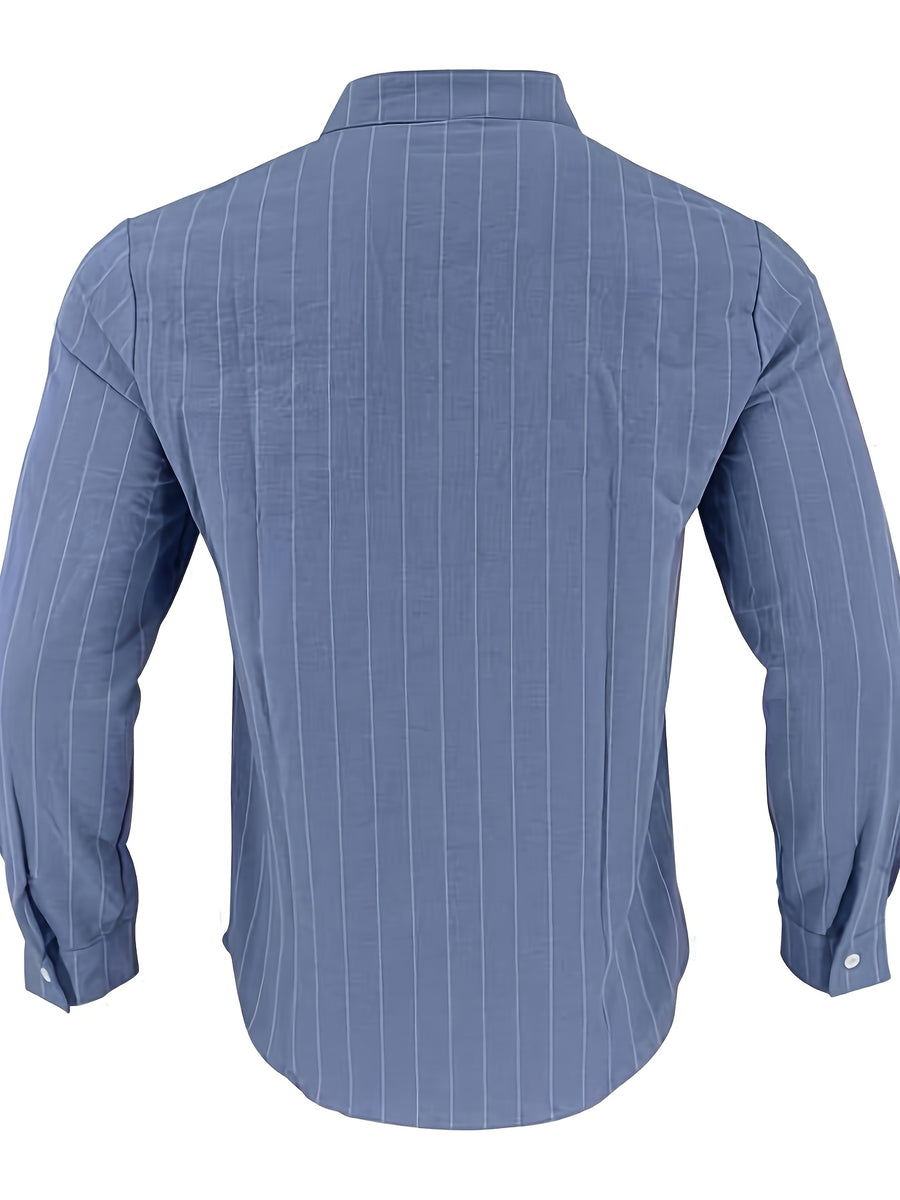 Pearson OBM 3pcs Set Men's Striped Linen Long-Sleeve Shirt; Sporty Casual Lapel Shirt with Pockets; Fashionable, Breathable, and Comfortable Fabric; Top for Beach Vacations and Outdoor Travel - Blue+Black+Khaki