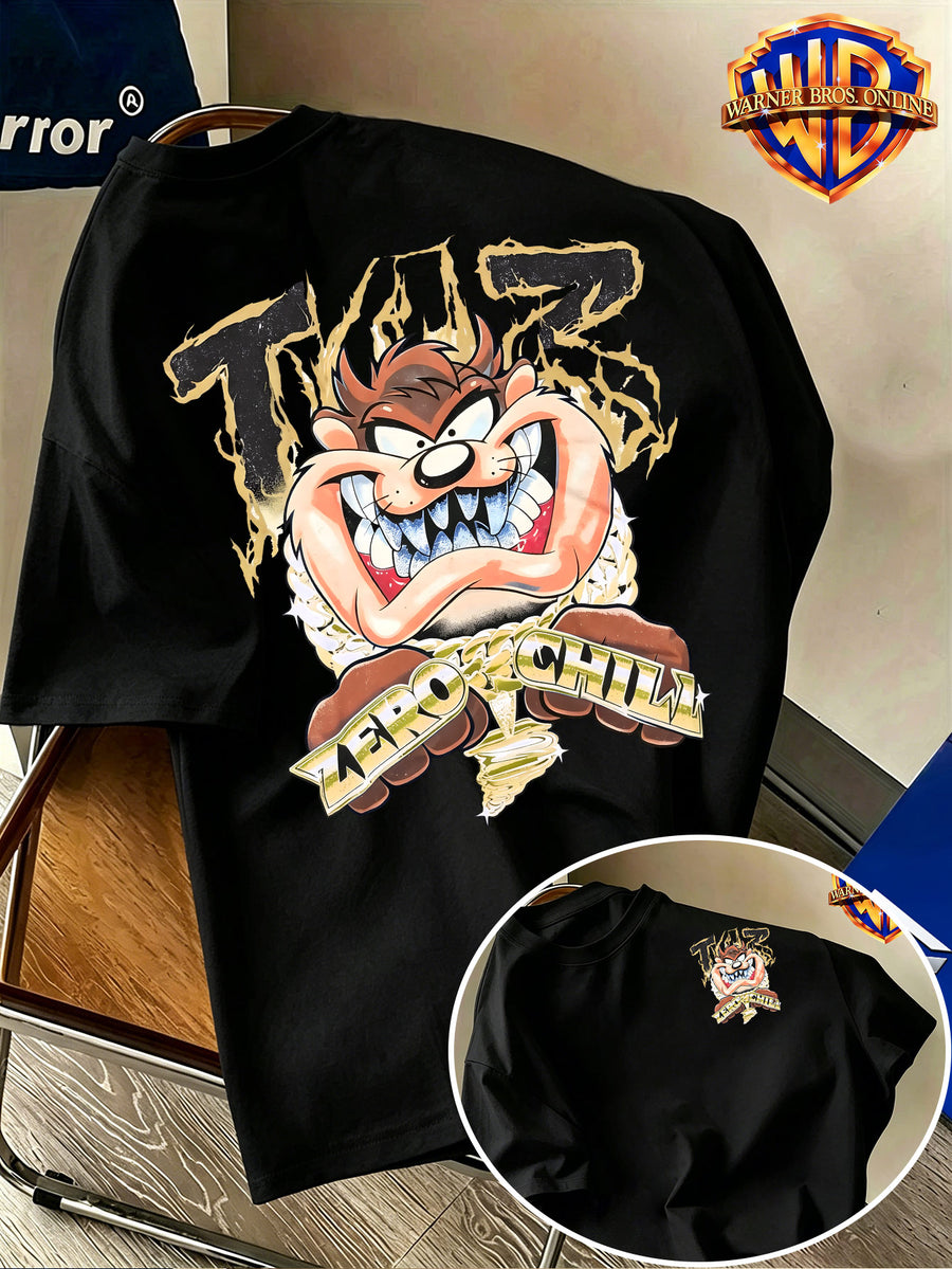 Warner Bros. Authentic Men's 100% Cotton Short-Sleeve T-Shirt with American-Style Illustrated Cartoon Print. Features a Dynamic Cartoon Beast Design with Golden-toned Accents for a Striking Visual Impact, Effortlessly Creating an Eye-catching Summer - Black