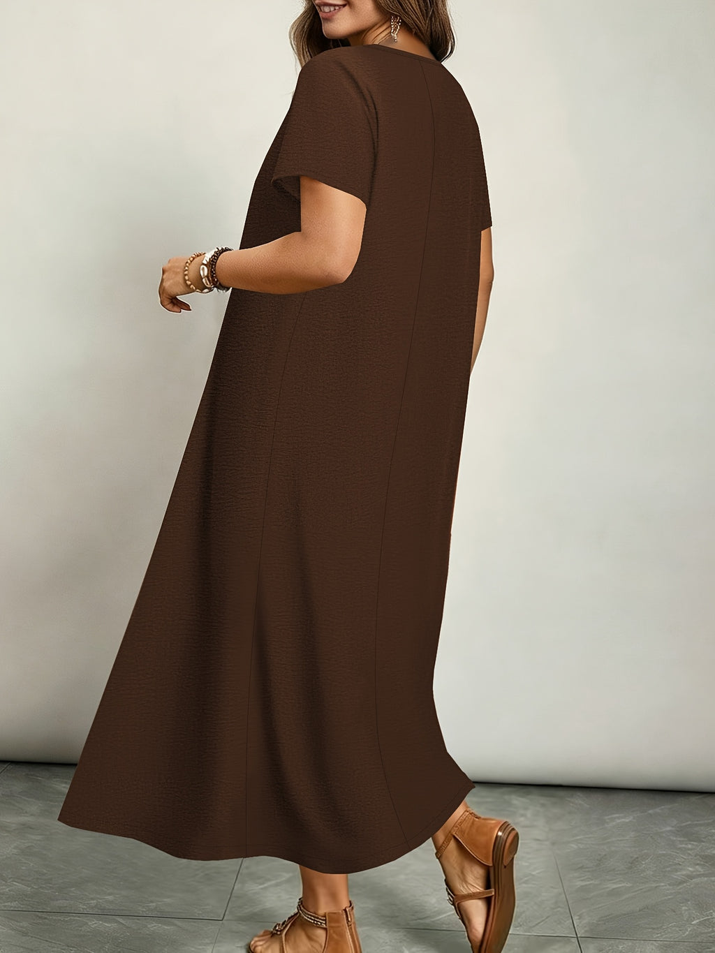 Plus Size - Plus Size - Women'S Elegant Casual Versatile Solid Color Dress, Vacation Style, Plus Size Women'S Clothing - Coffee Color