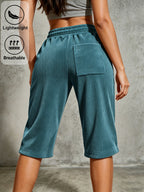 Women'S Fashionable Casual Corduroy Cropped Pants, Drawstring at The Waist, Slanted Pockets, Lightweight And Breathable, Suitable for Daily Leisure And Outdoor - Blue