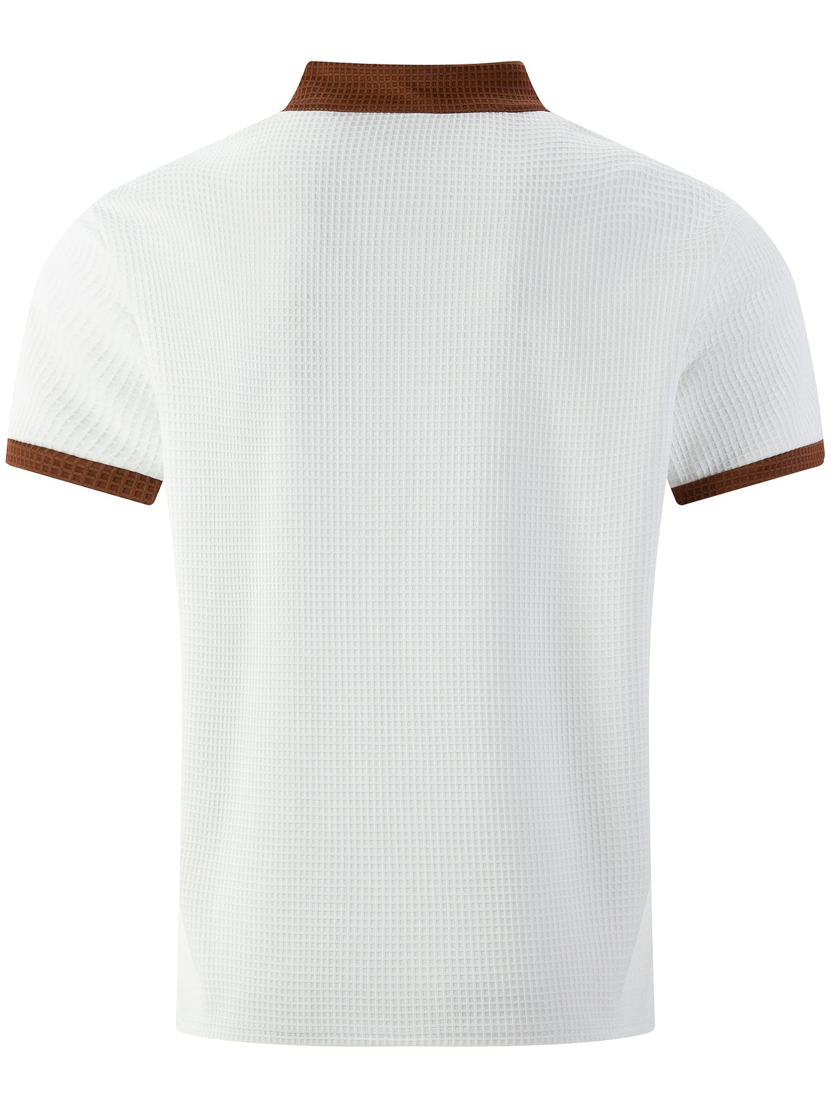 Men'S Short-Sleeve Plaid Knit Henley Shirt with Contrasting Brown Trim, Featuring a Stand Collar Design, Casual Button-Up Front, Breathable Vintage Street Style Clothing - White