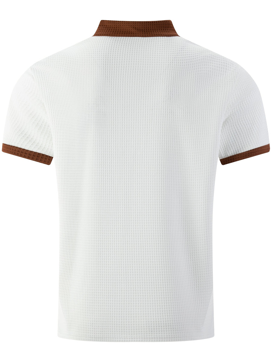 Men'S Short-Sleeve Plaid Knit Henley Shirt with Contrasting Brown Trim, Featuring a Stand Collar Design, Casual Button-Up Front, Breathable Vintage Street Style Clothing - White