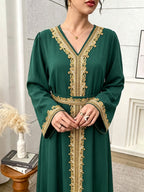 1pc Women's Elegant Kaftan Dress Golden Embroidery V-Neck Long Sleeve Abaya Maxi Dress Luxury Evening Party Gown with Belt White Embroidery Abaya Dress Women's V-Neck Long Sleeve Maxi Kaftan Luxury Contrast Golden Trim Party Gown - Dark Green