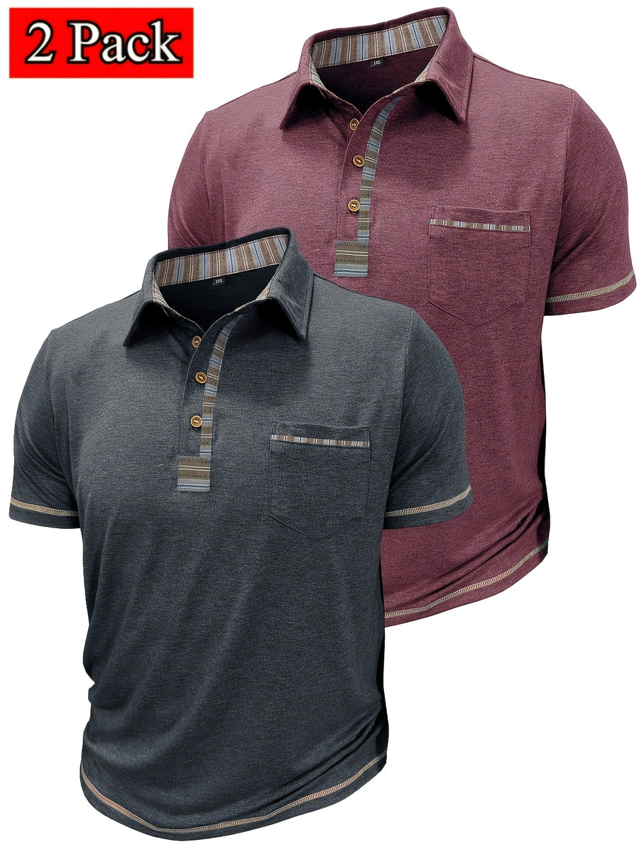 Set of 2 Men'S Short-Sleeve Polo Shirts, Casual Vintage Collared Pocket Tees, Henley Shirts - Black+red