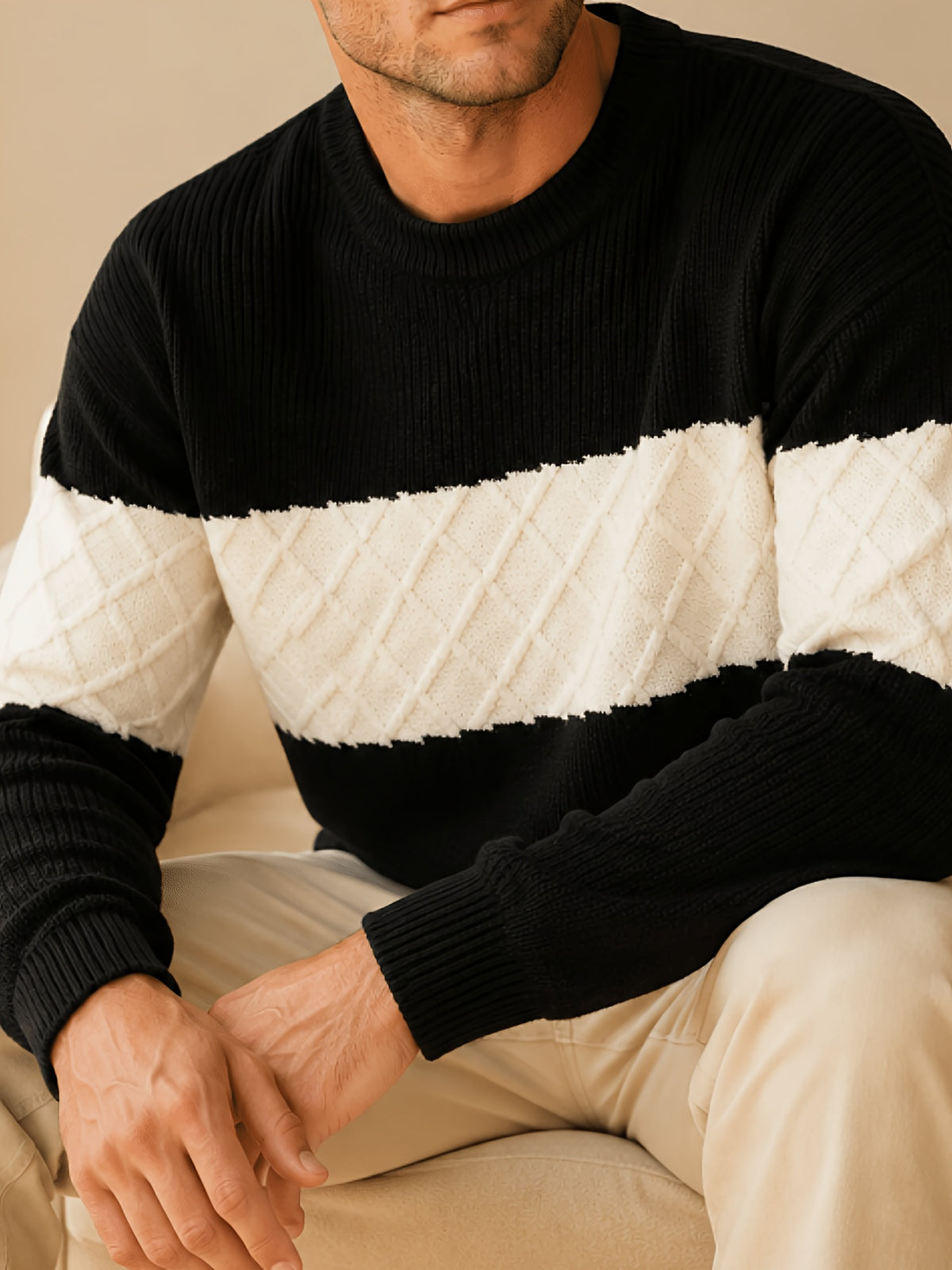 Men's Du Jing Lan OBM Contrast Color Knit Sweater - Old Money Style Business Casual Pullover with Color-Blocking, Ribbed Crew Neck Sweater Suitable for Layering, Golf, Basketball, Outdoor & Daily Wear, Spring/Autumn Winter Wardrobe - Black