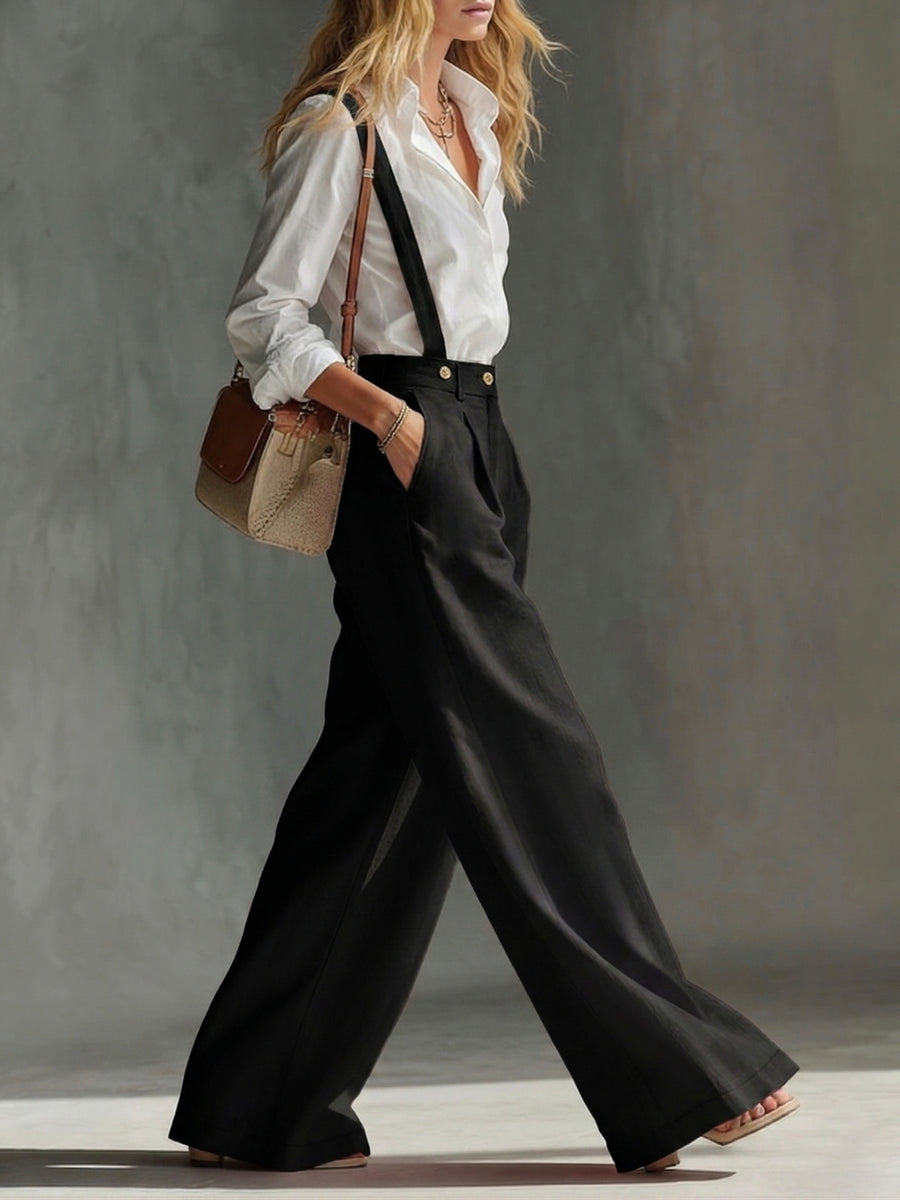 Spring and Autumn High-Waist Pleated Suspender Pants, Vintage Temperament Commuter Casual Trousers - Black