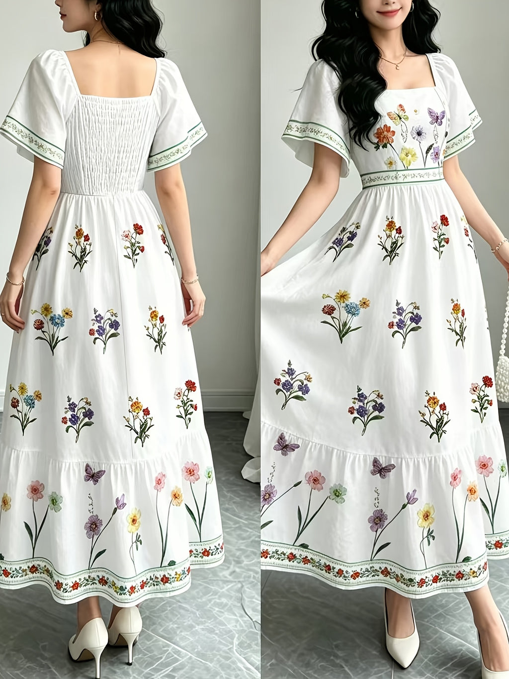 The Summer Floral-Themed Elegant Resort-Style Dress Features a Butterfly Wing Print Design, a Square Neckline And Short Sleeves, Is Equipped with a Waist-Cinching Design, And Has a Moderate Length - Multicolor
