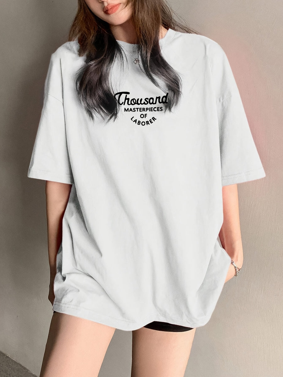 Women's Oversized T-Shirt - Loose Fit Short Sleeve Top with Letter '' Print, Round Neck Casual Summer Blouse for Spring Summer Fall, Breathable Casual Attire (Hand Washable) - White