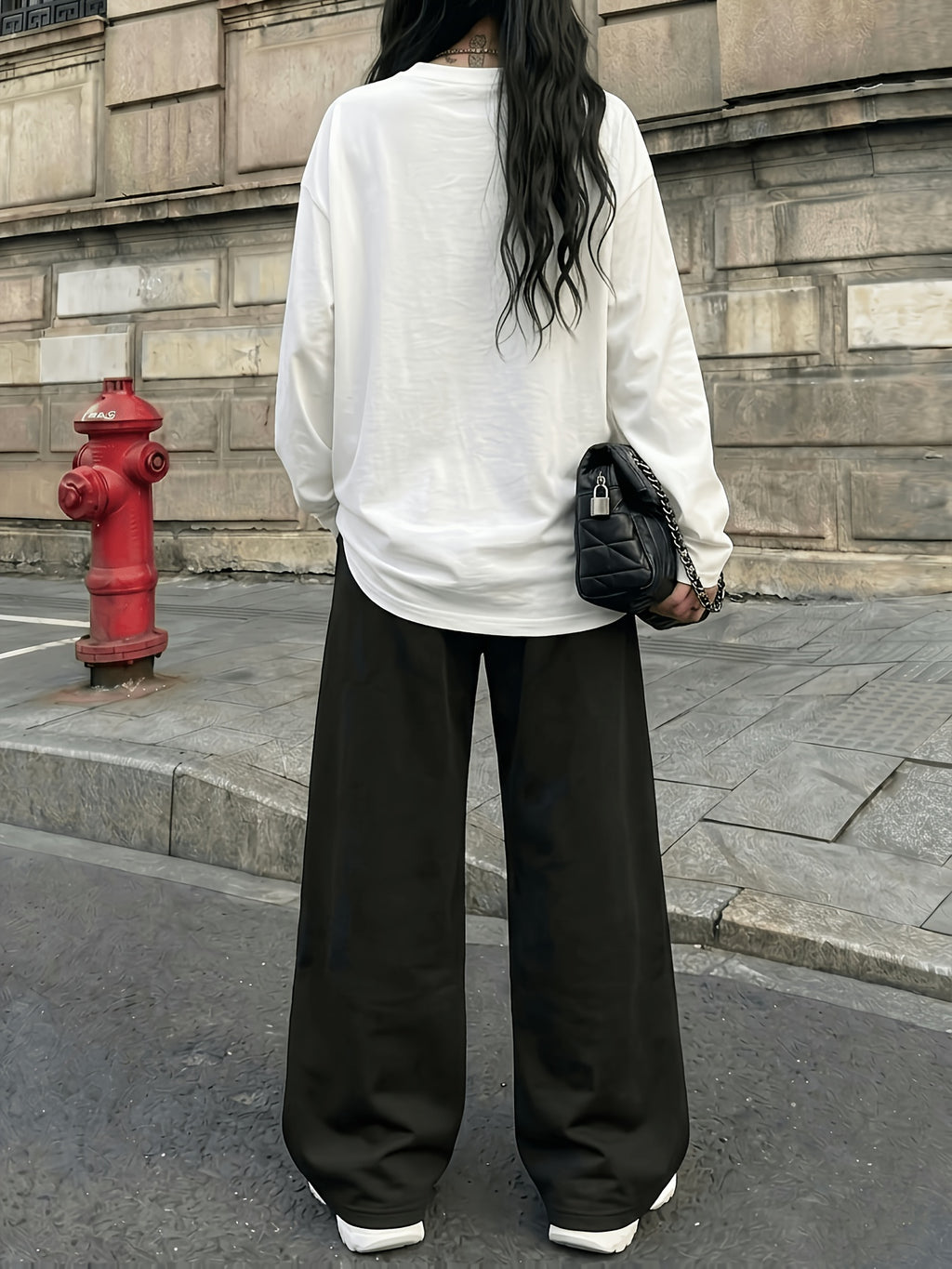 Trendy American Los Angeles LOS ANGELES No. 98 Print 2pcs Set for Women, Casual Streetwear Long Sleeve and Long Pants Outfit, Suitable for Street Style Hot, American Jersey Sporty Street Fashion - White+black