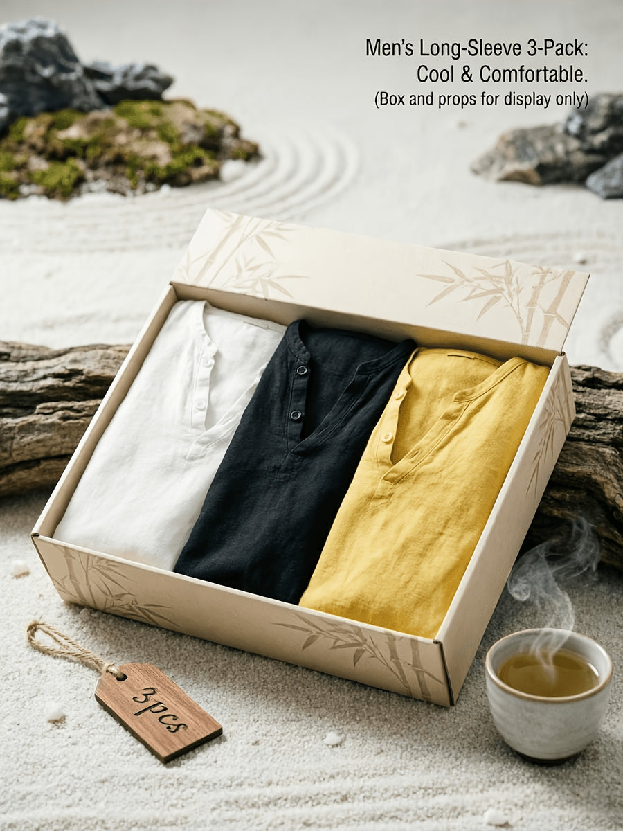 Men'S Linen Long-Sleeve 3pcs, Breathable Henley Neck Loose Fit T-Shirts for Spring And Autumn, Versatile for Business Casual, Commuting, And Lounging. (Box And Props for Display Solely) - White+black+yellow