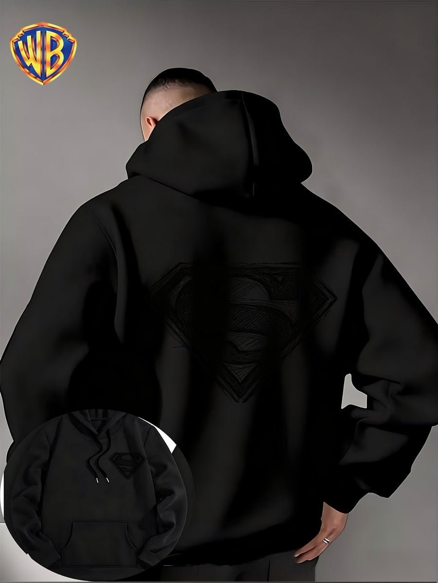 Warner Bros. Superman Sketch Print Hooded Sweatshirt, Men's Loose Fit Casual Top, Versatile and Comfortable Autumn/Winter Sweatshirt - Black
