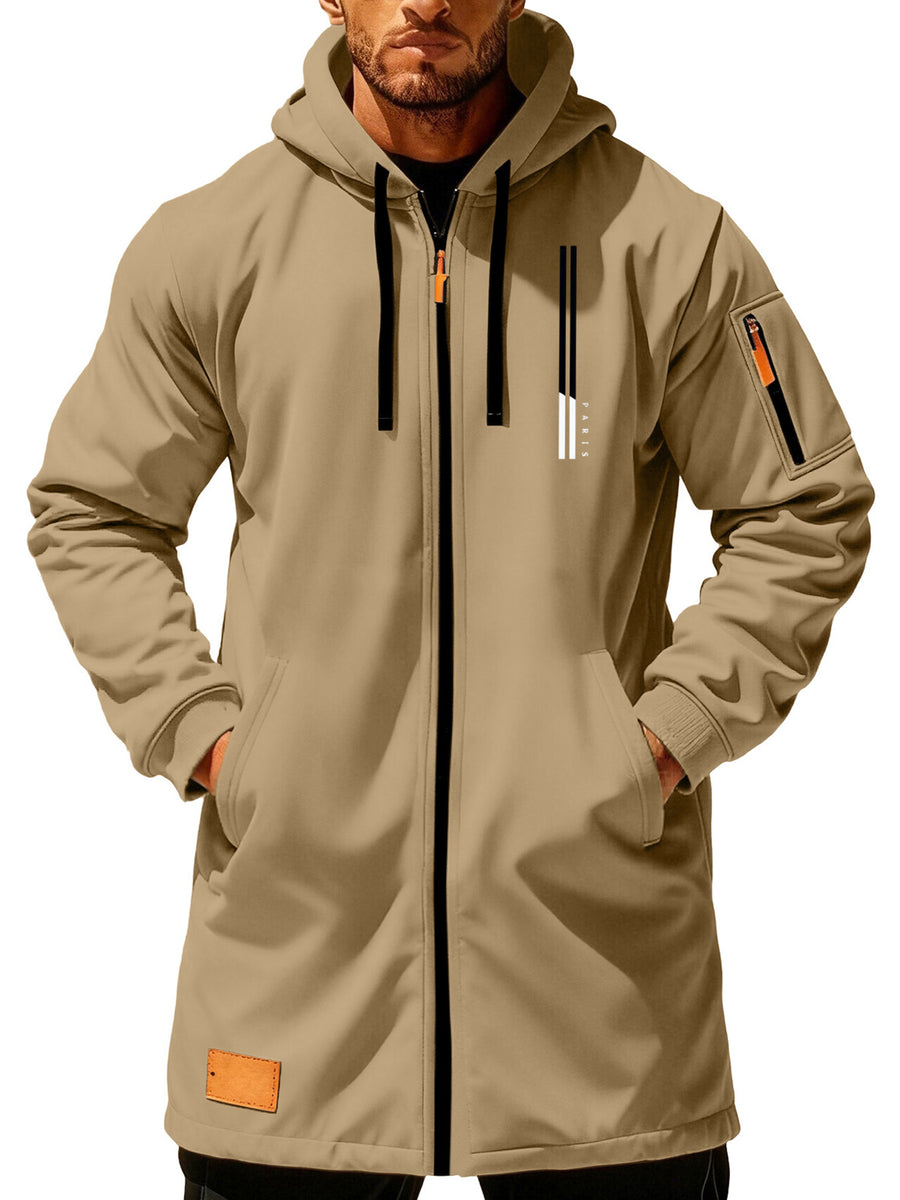 Men'S Casual Hooded Long Jacket PARIS Striped Logo Print Side Seam Zipper Detail Leather Decorative Label Drawstring Hat Collar Loose Daily Windproof Coat, Autumn Essentials - Khaki