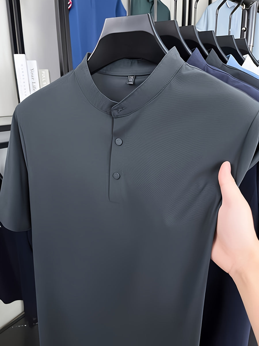 Men's Summer Mid-Life Seamless Stand Collar Short Sleeve T-Shirt, Solid Color Polyamide-Spandex Breathable Half-Sleeve Tee - Dark Gray