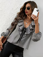 Women's Elegant Black and White Plaid Layered Ruffle Collar Shirt, Designed for Casual and Commuter Wear, with a V-neck and Long Loose Sleeves - Black