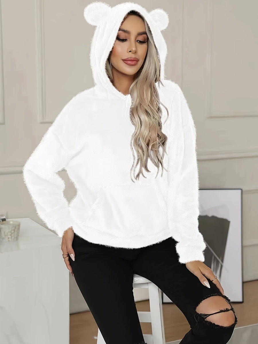 Bear Ear Pocket Plush Hoodie, Casual Long Sleeve Hooded Sweatshirt, Women'S Clothing - White