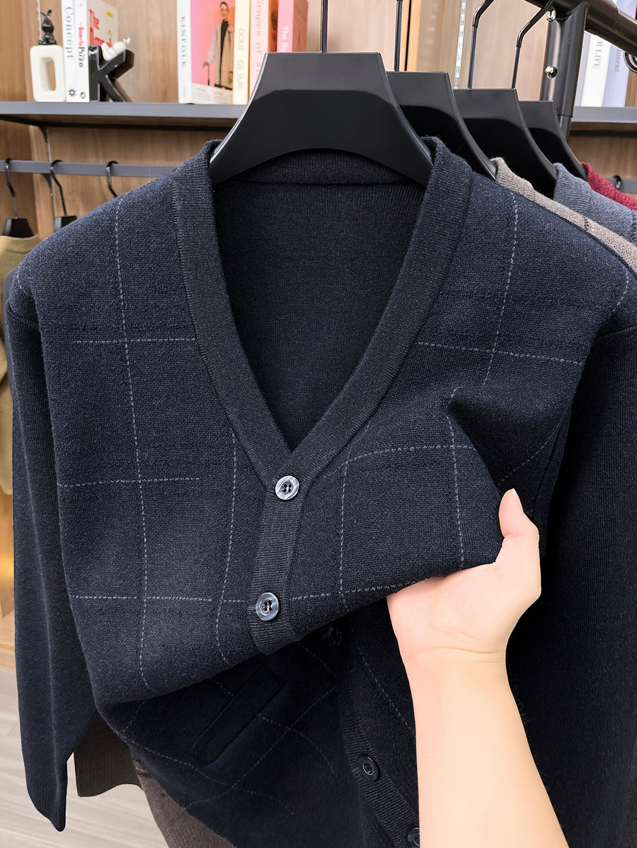 Men'S Autumn Winter Easy Knit Cardigan Warm Plaid Casual Jacket - Black Gray