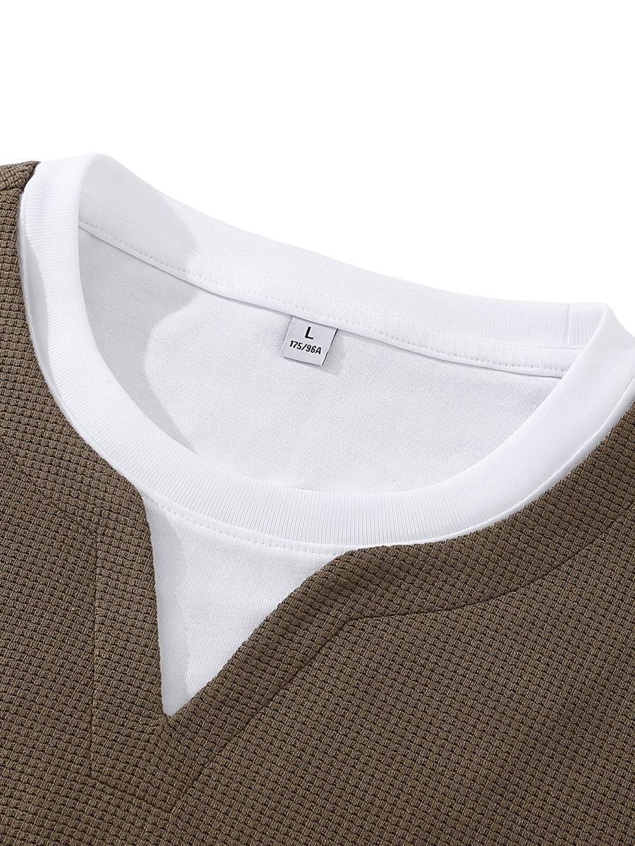 Men'S Long-Sleeve Base Layer Shirt for Spring And Autumn, New Style Faux Two-Piece T-Shirt, Solid Color Waffle Texture Pullover, Fashionable Casual Inner Layer Top with a Stylish Design - Coffee Brown