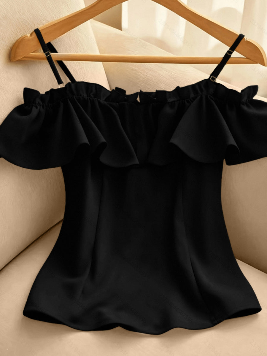 Women's Summer Casual Solid Color Off-Shoulder Ruffle Camisole Tank Top - Black
