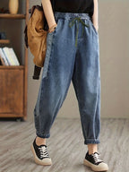 Women'S Autumn Winter Long Pants Plus Size Elastic Waist Drawstring Denim Harem Trousers Women'S Loose Retro Aesthetic Design Statement Waistband Ankle Length - Dark Blue 1