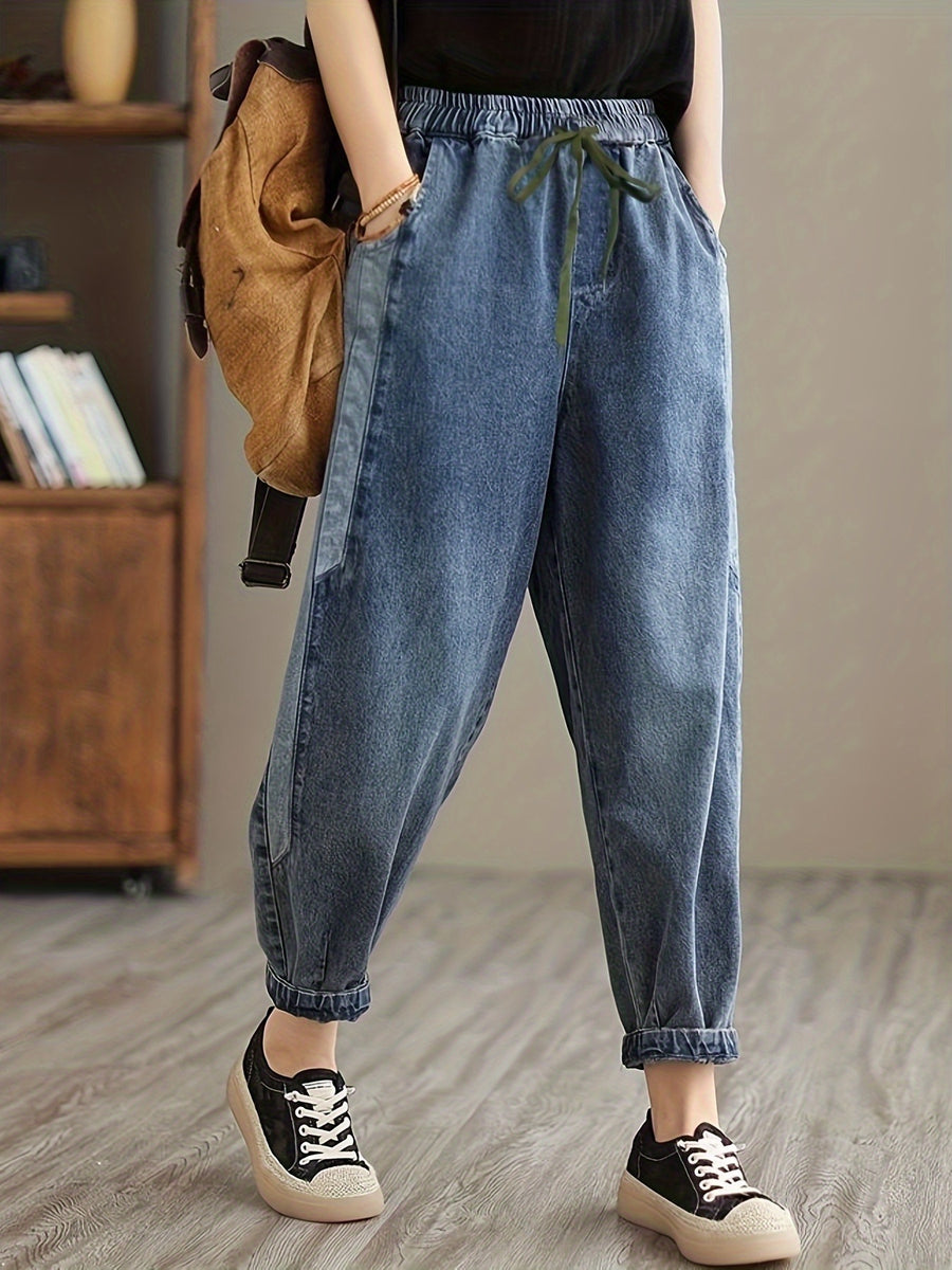 Women'S Autumn Winter Long Pants Plus Size Elastic Waist Drawstring Denim Harem Trousers Women'S Loose Retro Aesthetic Design Statement Waistband Ankle Length - Dark Blue 1