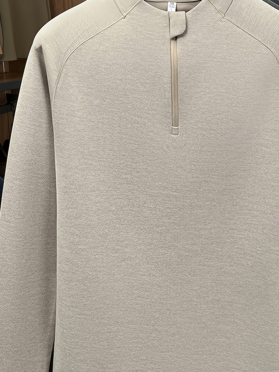 Men's Stand Collar Half-Zip Long Sleeve Base Layer, Raglan Sleeve Cut, Minimalist Business Casual Functional Style Warm Top - SINBOS - Light Khaki