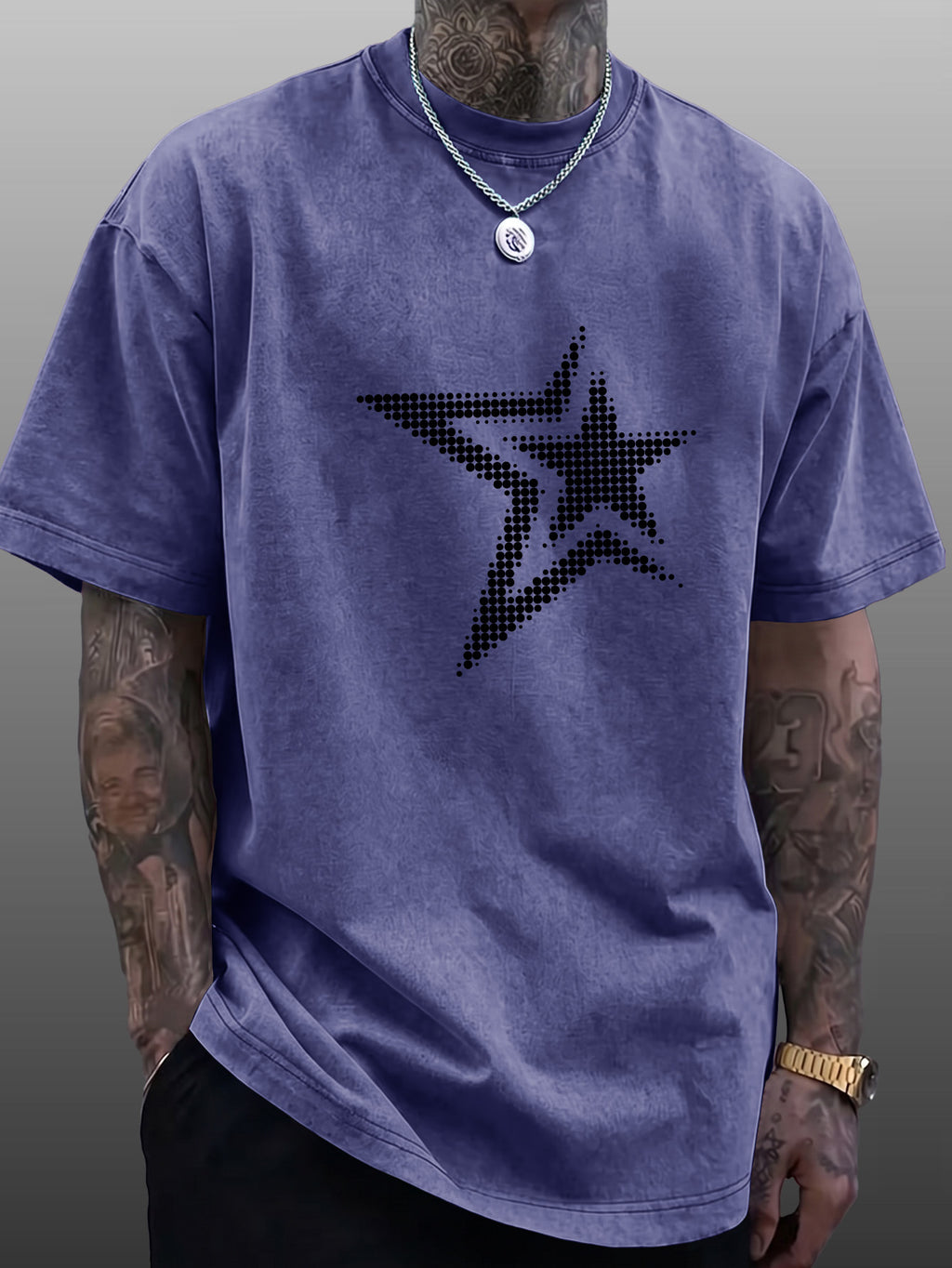 Men's Short-Sleeve T-Shirt, Pure Cotton Loose Fit Washed Distressed Half-Sleeve Top, Dot Matrix Overlapping Double Five-Star Trendy Reverse Double-Sided Print, Multiple Colors for  Mix & Match, American Streetwear High Street Hip-Hop Y2K National - Royal Blue