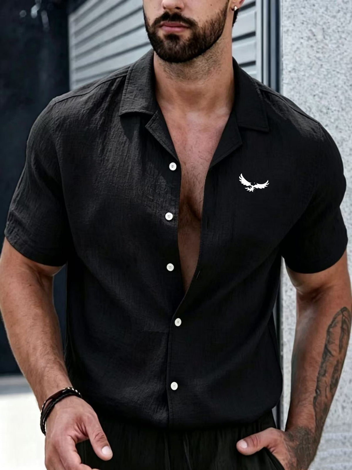 Old Money Style Men's Cuban Collar Short Sleeve Shirt, Linen Texture, Lightweight and Breathable Outdoor Casual Shirt - Black