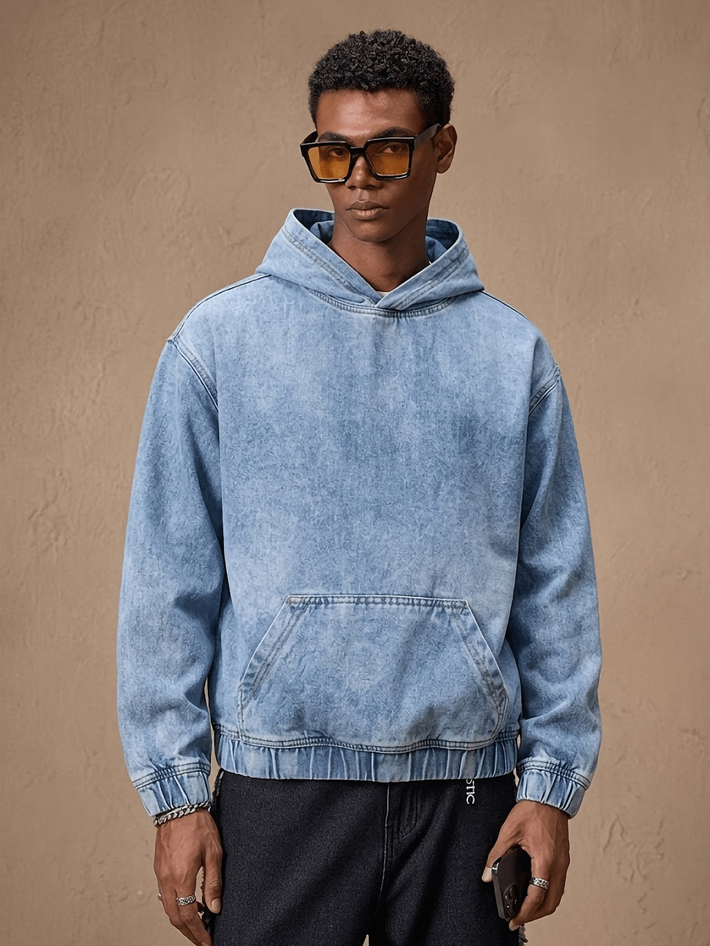 YASUYUAN Men's Light Color Denim Hooded Jacket - Loose Fit -Blend (Suitable for all-Season Wear) with Shrunk Hem & Sleeve Roll, Casual Outerwear, Machine Washable Denim Coat - Blue