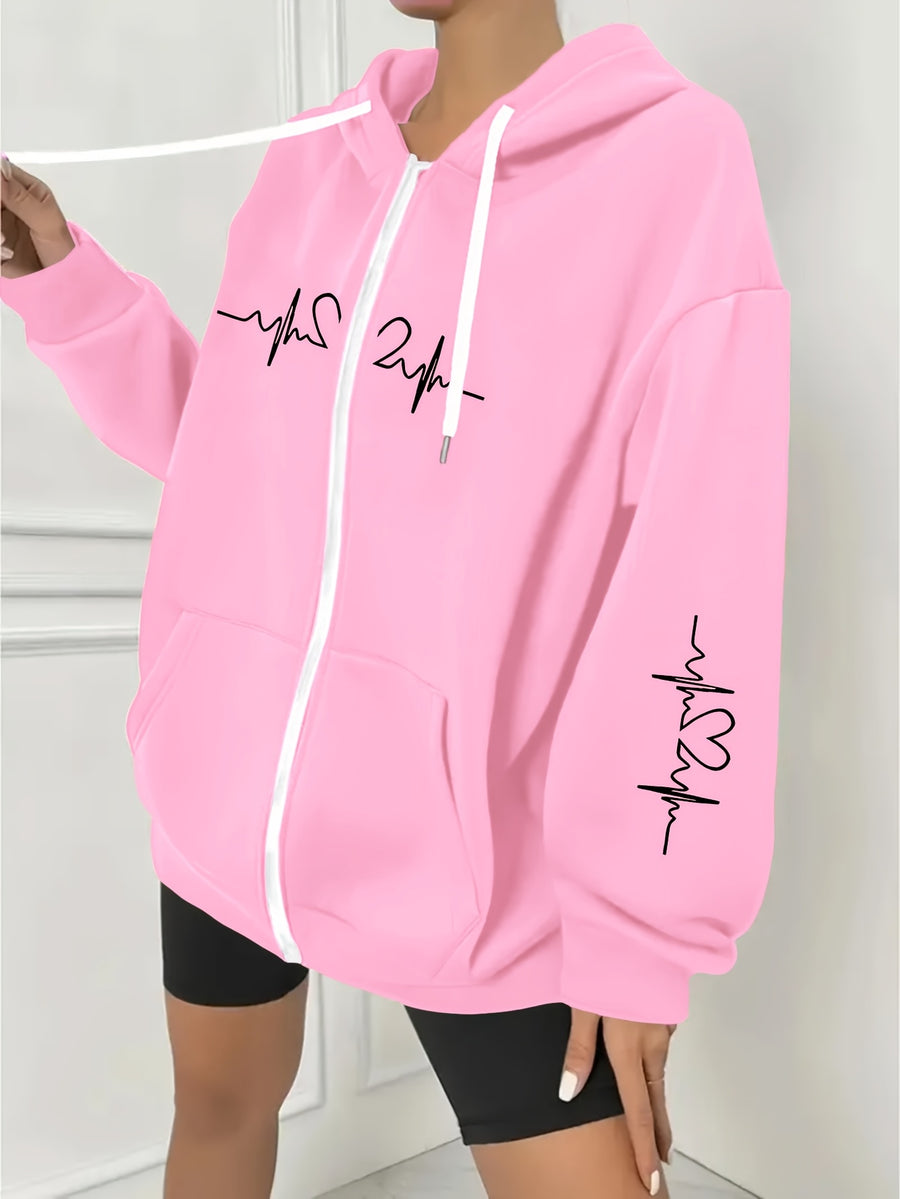Plus Size - Plus Size - Women'S Plus Size Casual Zip Hoodie with Striking Heart Print, Chest And Sleeve Pattern, Comfortable Machine-Washable Hooded Jacket, And Long-Sleeve Zippered Sweatshirt with Front Pockets - Pink Color