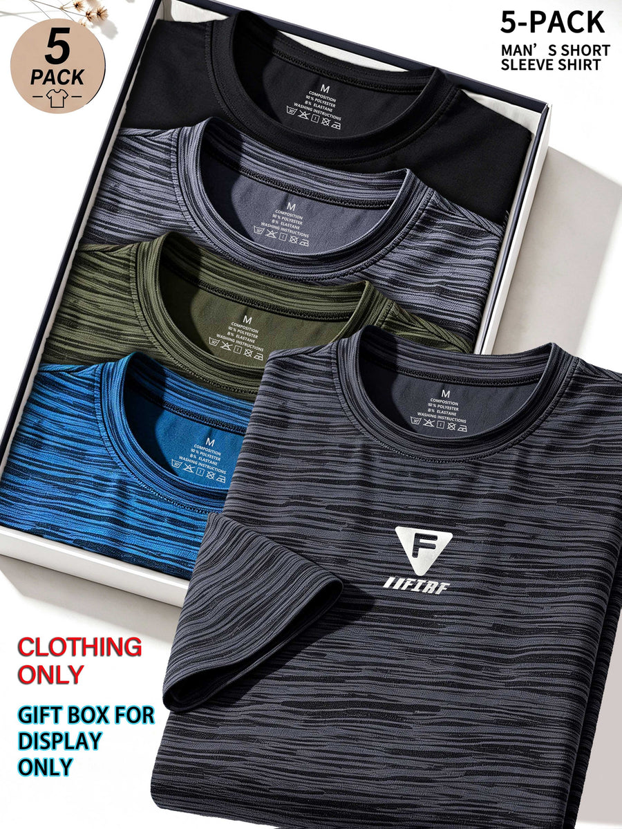 5pcs Men's Sports & Fitness Breathable Quick-Dry T-Shirts, Outdoor Travel Casual Running Printed Short-Sleeve Tees, Easy to Clean and Maintain, Lightweight T-Shirts for Daily Leisure and Gatherings, Classic Crew Neck Shirts - Dark Gray + Orchid Blue + Army Green + Light Gray + Black