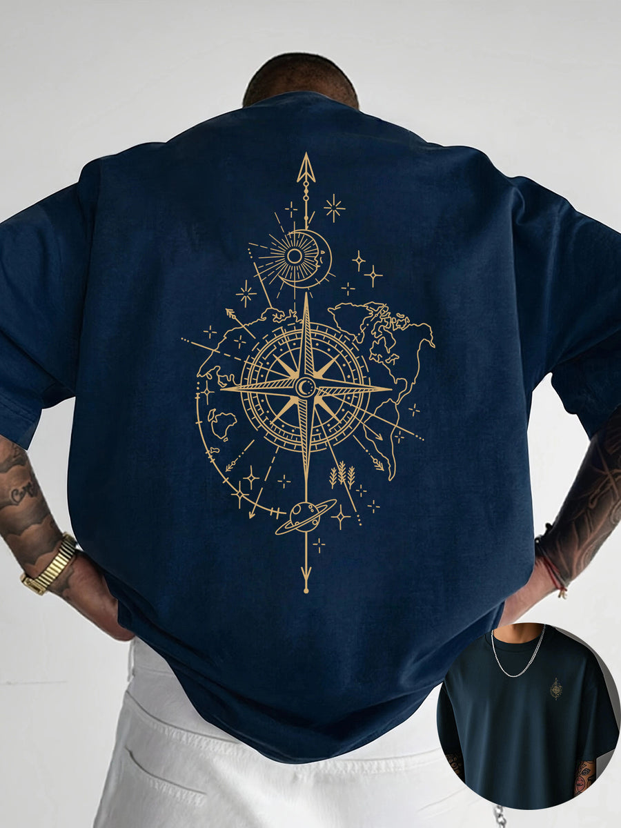 Creative Front and Back Print Round Neck T-Shirt, Pure Cotton Summer Fashion Short Sleeve Top for Casual Daily Style Essential Outing Gift Choice - Navy Color