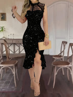 Elegant Sleeveless Lace Patchwork Dress with a Thigh-High Slit And Ruffled Hem, Perfect for Parties - Black