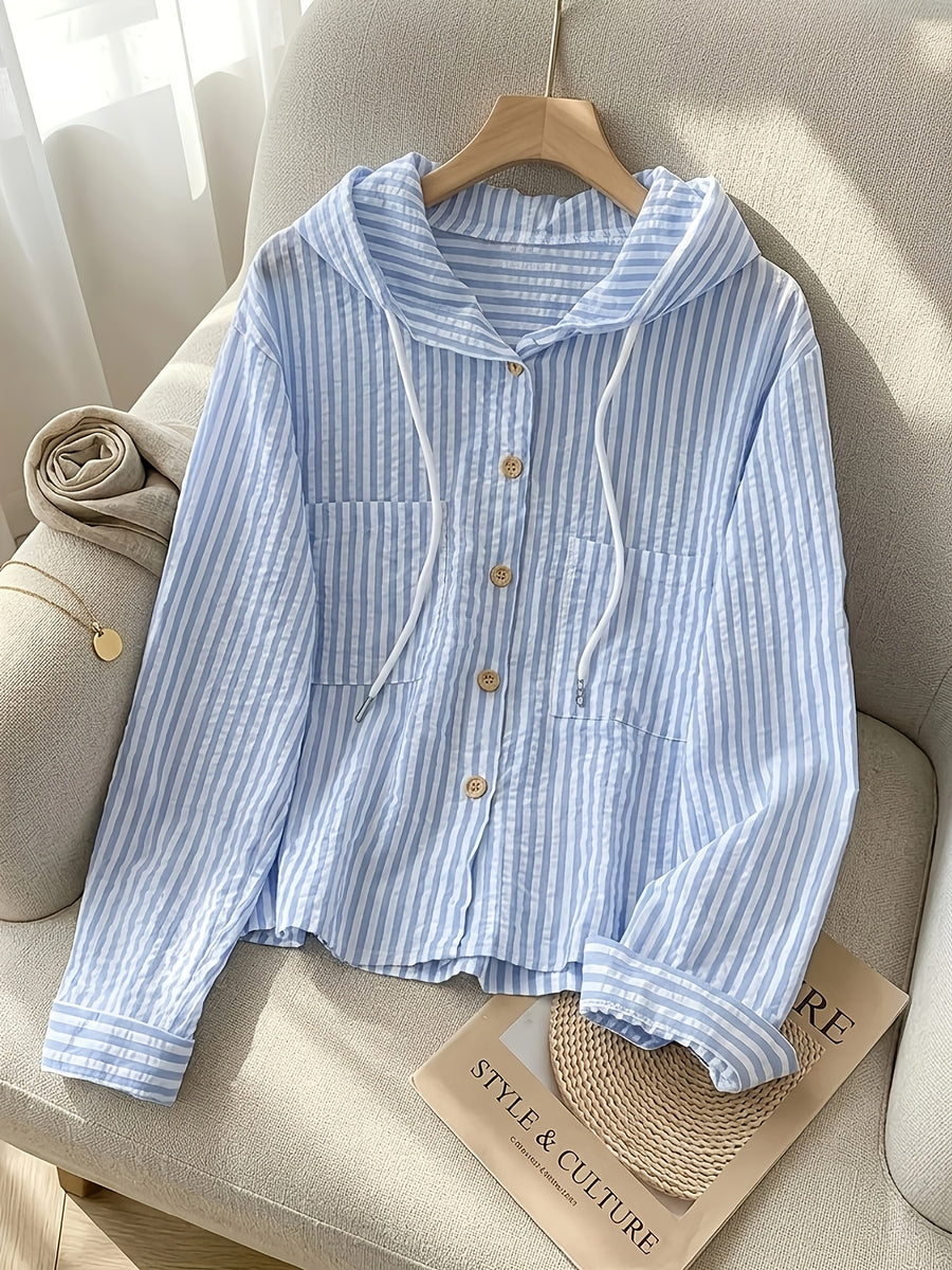 Relaxed Fit Striped Hooded Cardigan - Blue