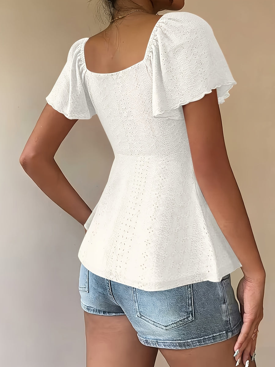 Fashionable and Elegant Spring/Summer New Arrival Y2K Solid Color Jacquard Comfortable and Breathable V-Neck Drawstring Short Sleeve Top Women's T-Shirt - White