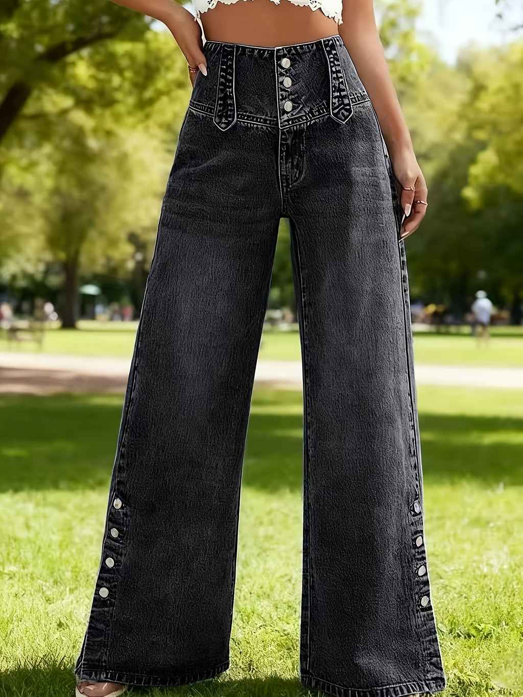 Women's Clothing, Women's Fashion, High-Waisted Button-Front Straight-Leg Jeans, High-Stretch Denim Jeans - Black