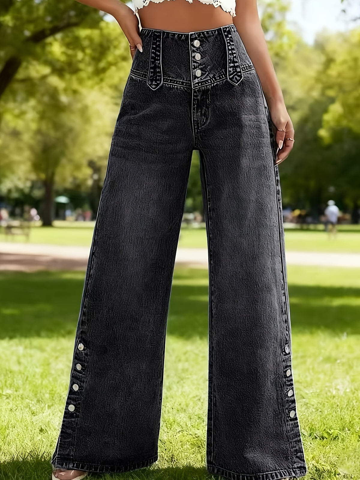 Women's Clothing, Women's Fashion, High-Waisted Button-Front Straight-Leg Jeans, High-Stretch Denim Jeans - Black