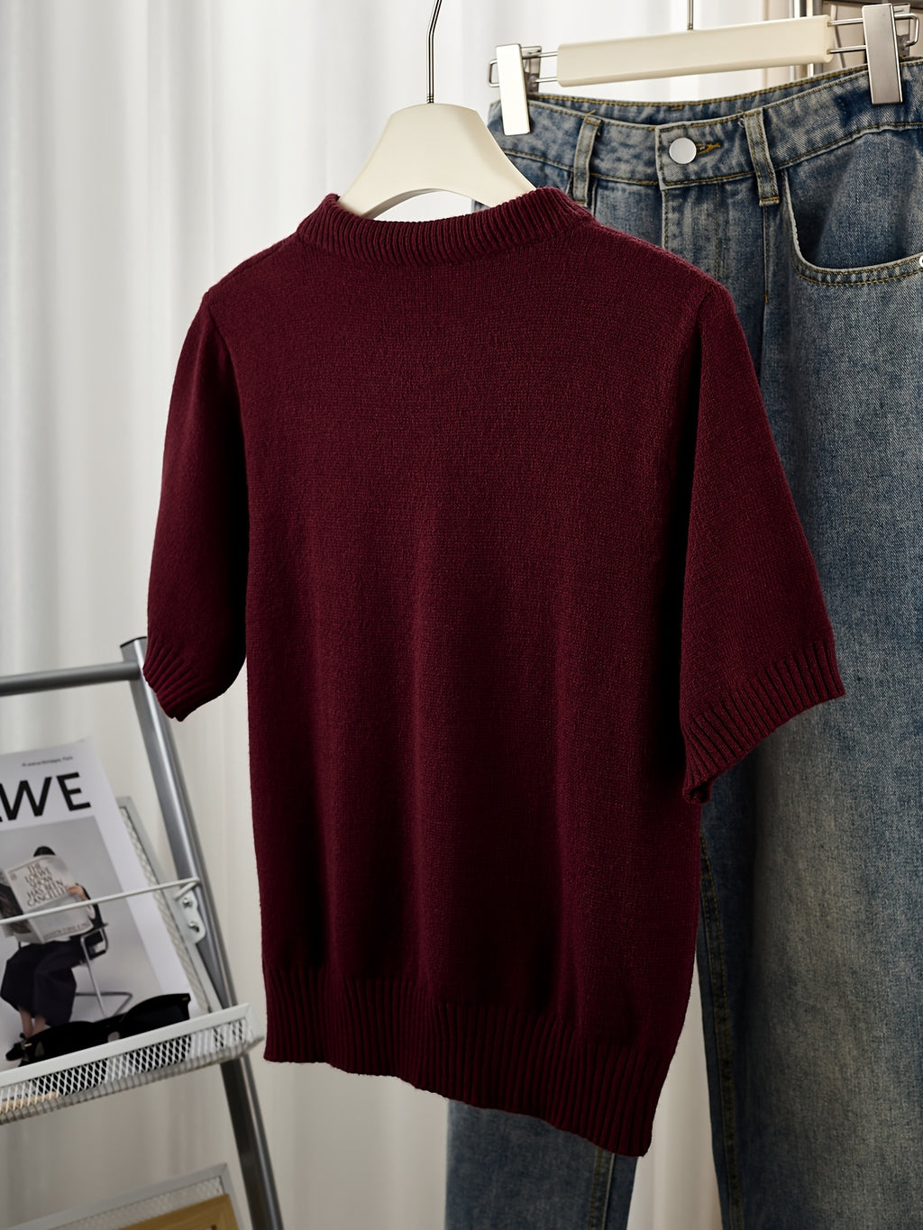 Gray Short-Sleeve Sweater with Scarf Bow Tie Collar - Round Neck Blouse-Compatible Suitable for Layering or Outerwear, Medium Stretch - Sweater for Commuting, Office & Casual Wear, Hand Washable Solid Color - Burgundy