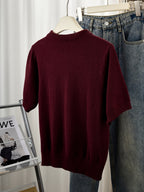 Gray Short-Sleeve Sweater with Scarf Bow Tie Collar - Round Neck Blouse-Compatible Suitable for Layering or Outerwear, Medium Stretch - Sweater for Commuting, Office & Casual Wear, Hand Washable Solid Color - Burgundy