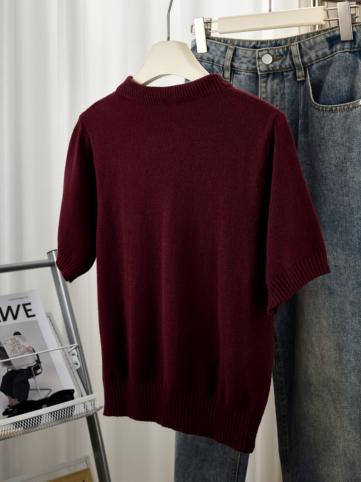 Gray Short-Sleeve Sweater with Scarf Bow Tie Collar - Round Neck Blouse-Compatible Suitable for Layering or Outerwear, Medium Stretch - Sweater for Commuting, Office & Casual Wear, Hand Washable Solid Color - Burgundy