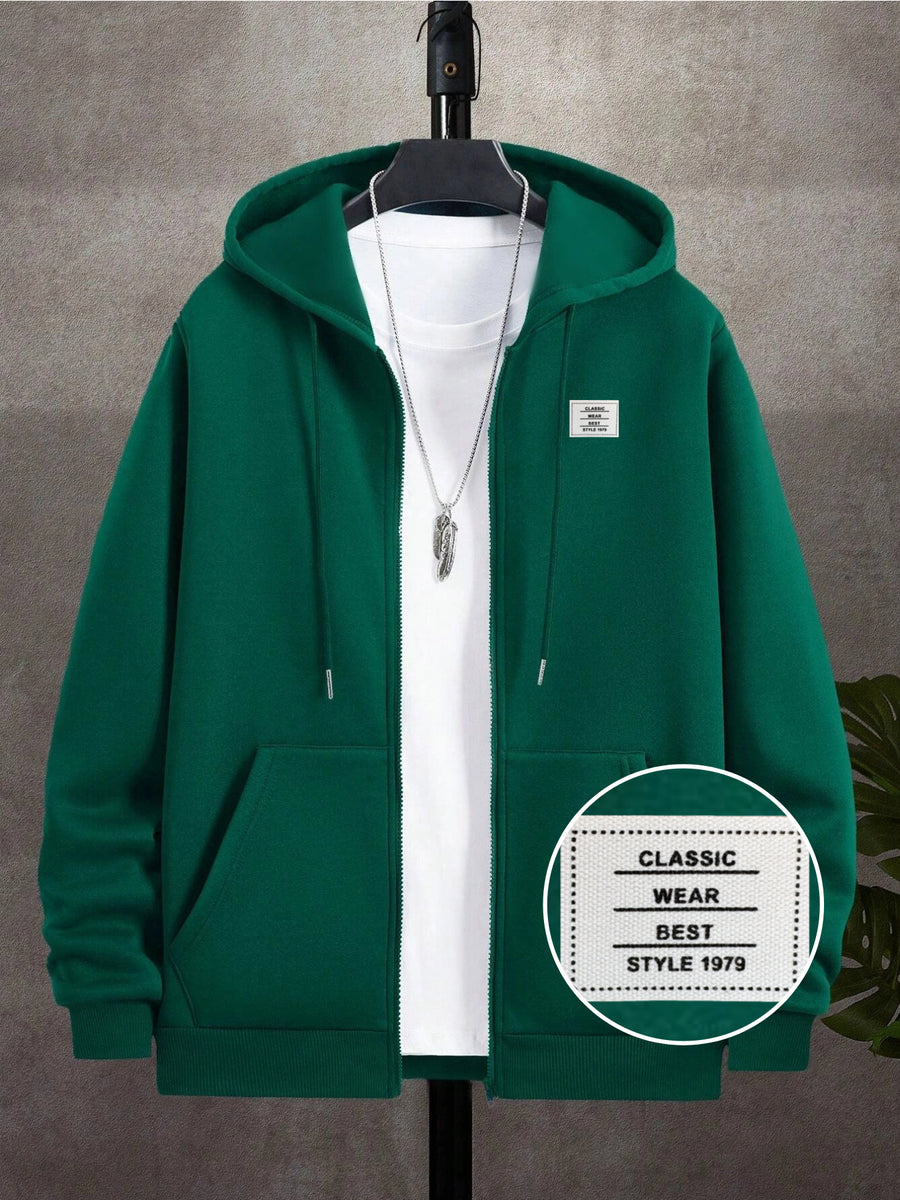 95% Polyester 5% Spandex, Men's Casual Pocket Zipper Drawstring Hooded Sweatshirt, Chest Placement Patch Embroidery, 240g Global All-Season Base Layer, Factory-Made for Men's Comfort, High Quality, High Fit Rate, Casual Sportswear - Green