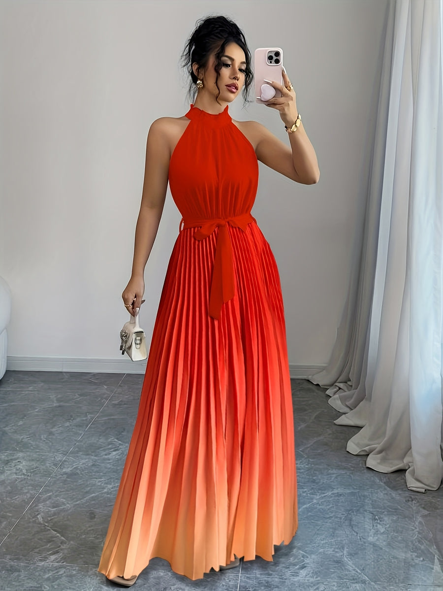 Elegant Romantic Ruffled Neckline And Waist Tie A-Line Pleated Gradient Maxi Dress - Gradient Orange Red