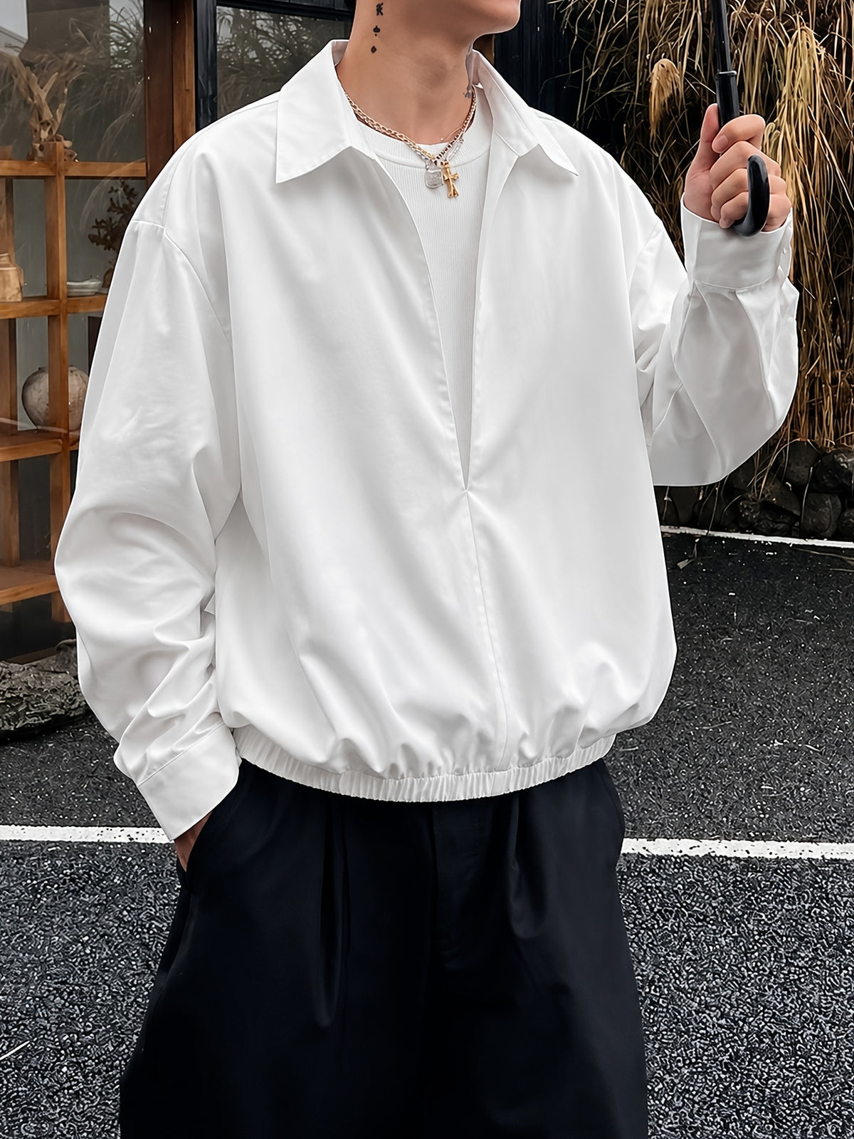 Men'S V-Neck Faux Two-Piece Open Front Long Sleeve Shirt Jacket with Elastic Cinch Hem, Premium Casual Commuter Shirt, Everyday Relaxed All-Match Pullover - White