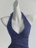 Fashion Shiny Cross-Back Halter Neck Crop Top ZLLZ - Royal Blue