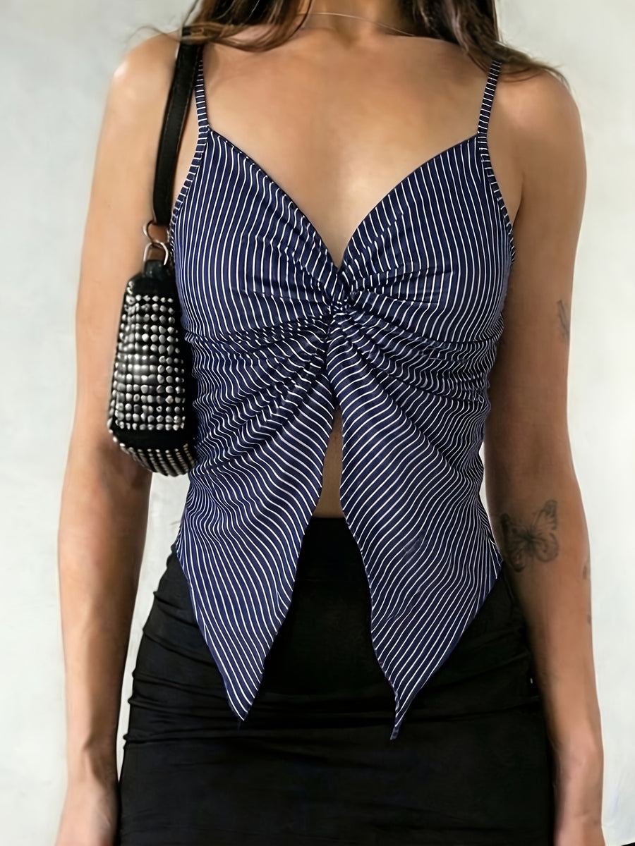 1pc Women'S Front-Slit Hem Camisole Top, Vacation Style, Design-Oriented Sexy Solid-Color Tank Top, Summer Cute Top Single Piece - Blue And White
