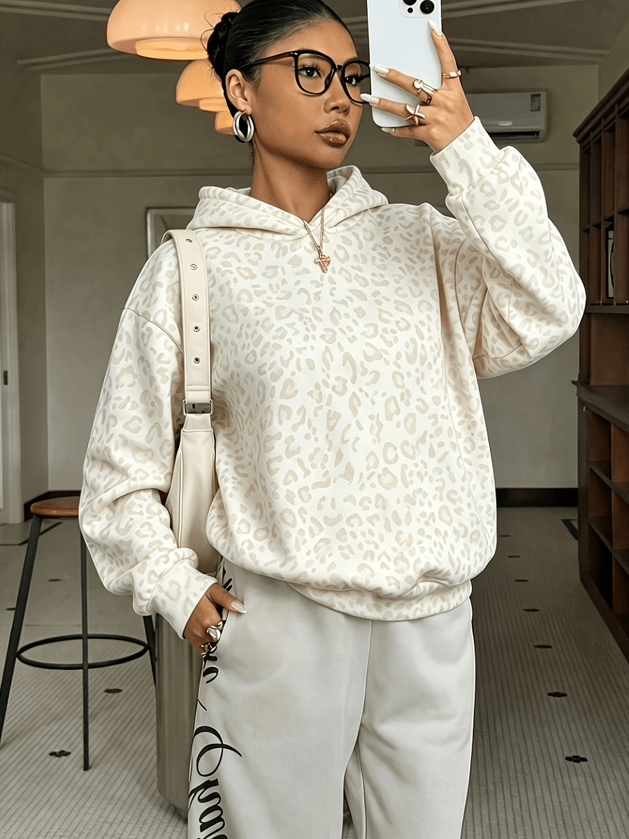 Women's Sweatshirt, Casual and Simple College-style Retro Leopard Sweatshirt[Printed Design-not Textured] - Milky