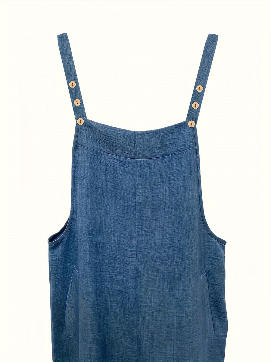 Women's Vacation Wide-Leg Jumpsuit - Sleeveless with Adjustable Buckle Straps, Pockets Included, Machine Washable, Solid Color - Blue