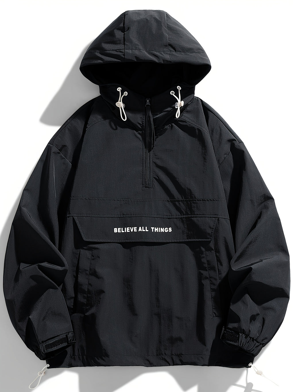Men's Loose Fashion Sport American Pullover Hooded Drawstring Jacket - Black