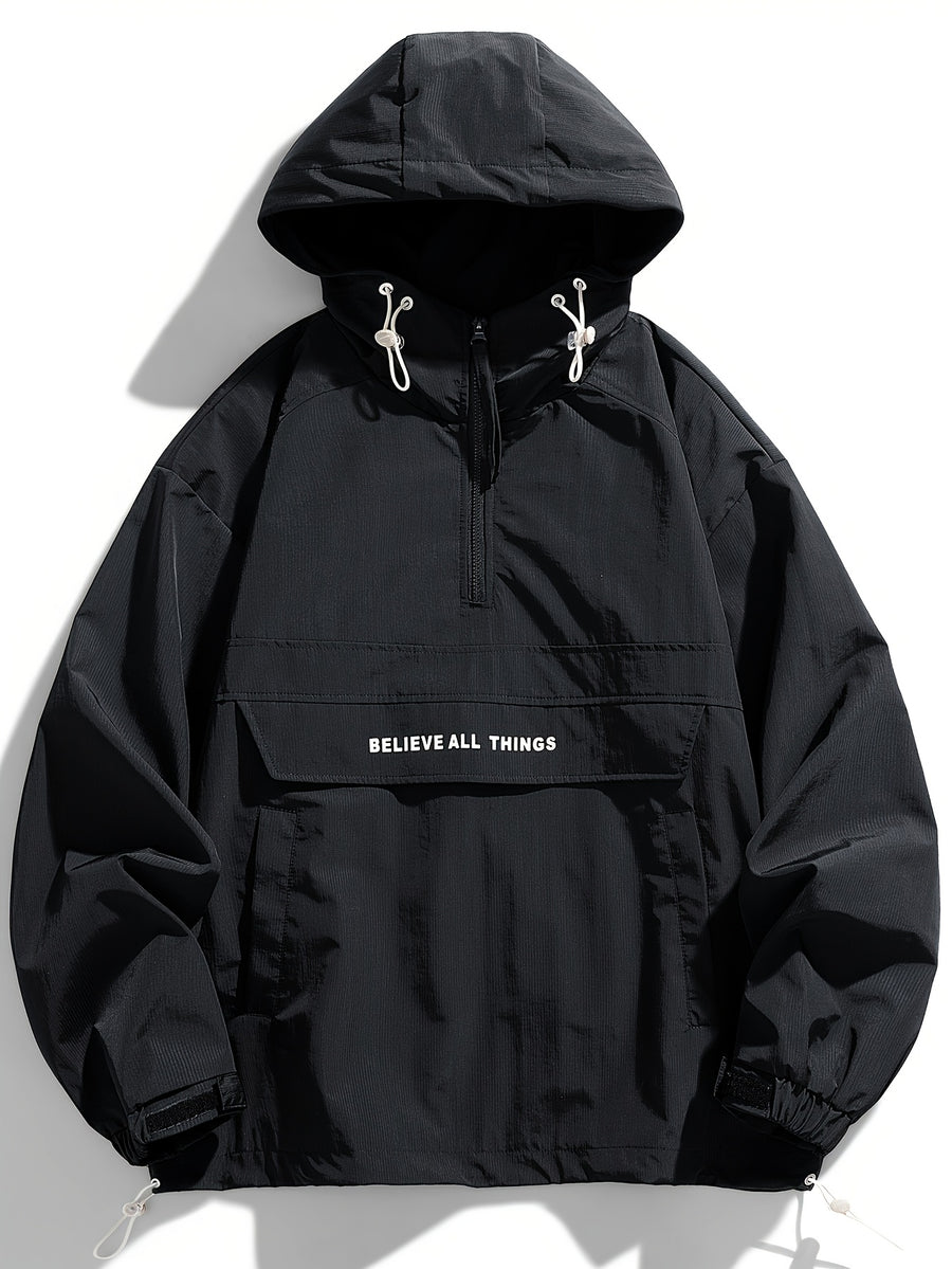 Men's Loose Fashion Sport American Pullover Hooded Drawstring Jacket - Black